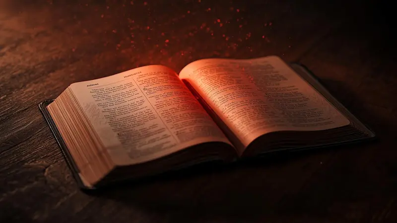 “Bible opened to Hebrews 12:24 with red light symbolizing the Blood of Jesus”