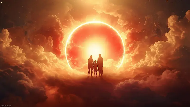 “Family protected inside a glowing red circle symbolizing the Blood of Jesus”