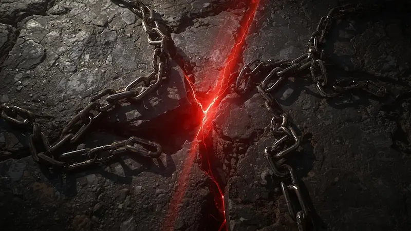 “Broken chains with red light representing deliverance through the Blood of Jesus”