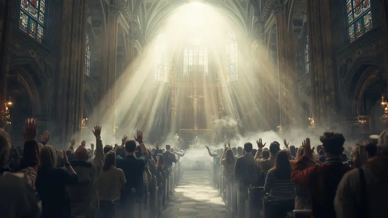 Church congregation praying as heavenly light fills the sanctuary.
