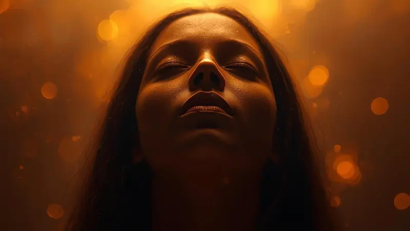 Person in deep worship with warm spiritual fire-like light.