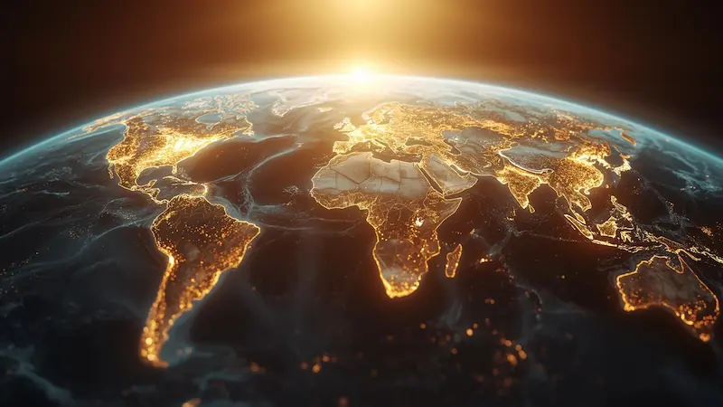 Glowing world map with waves of spiritual light representing global revival.