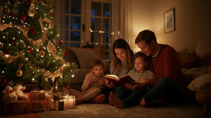 Family celebrating Christmas together, reading the Bible.