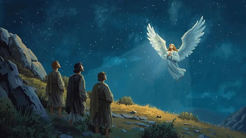 Angel announcing Jesus’ birth to shepherds at night.