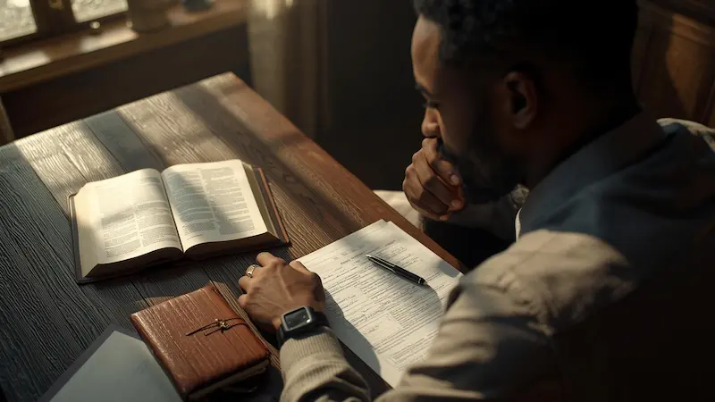 Biblical stewardship and financial faithfulness with Bible on desk.