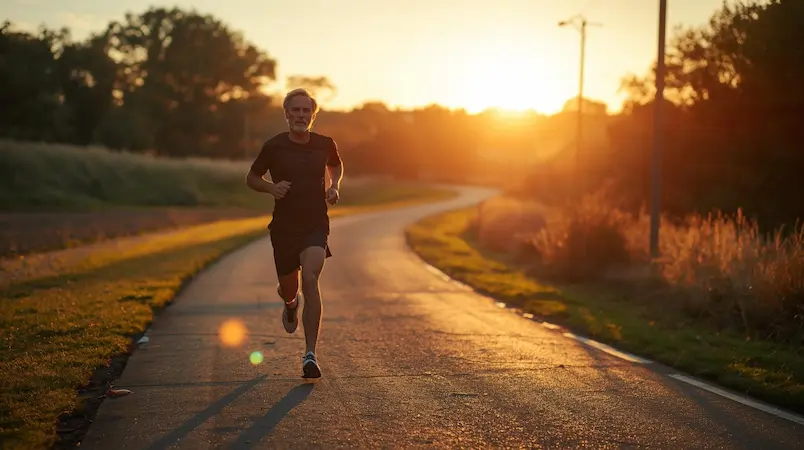 Mature man running toward sunrise symbolizing finishing well