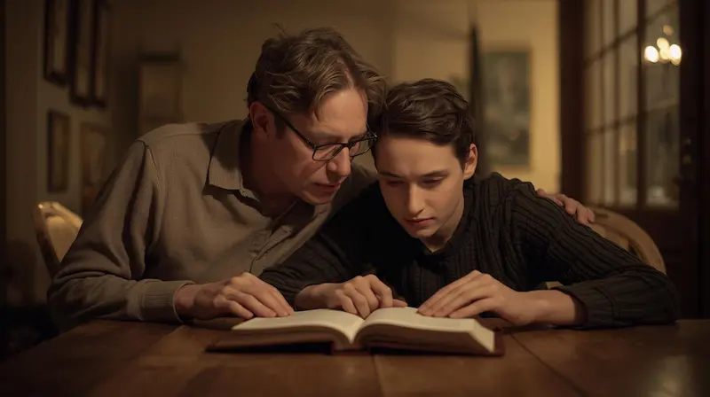 Parent and adult child reading the Bible together at home