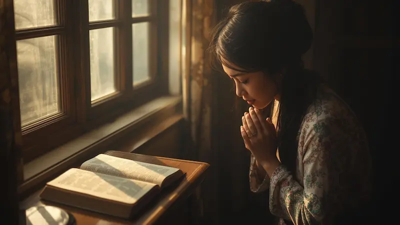 Christian praying beside Bible seeking alignment with God