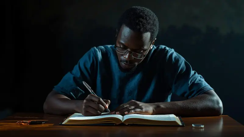 Christian studying theology with Bible and notebook