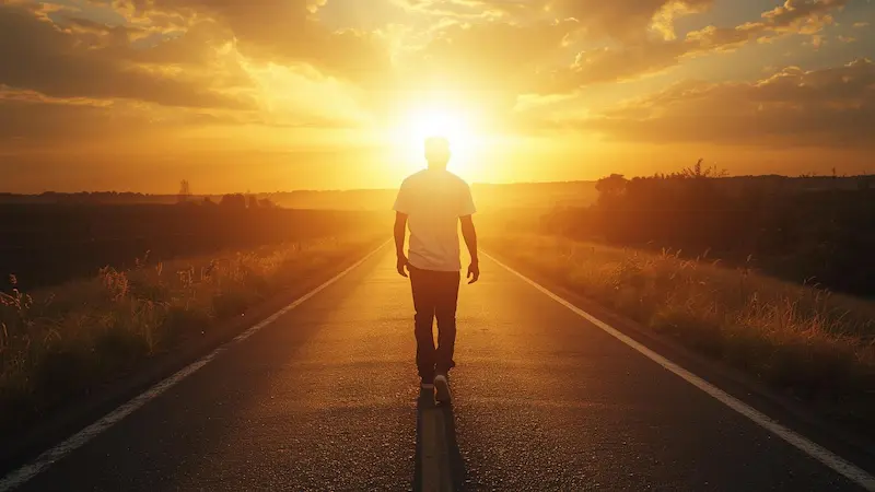 African Christian walking forward on a glowing path symbolizing spiritual purpose and direction