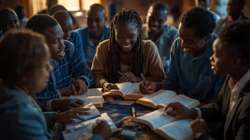 seminary students studying Bible together in training session