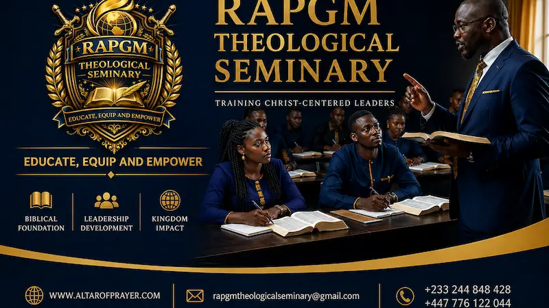 African Christian students in a seminary classroom with open Bibles and notebooks, attentively listening to a teacher during structured theological training.