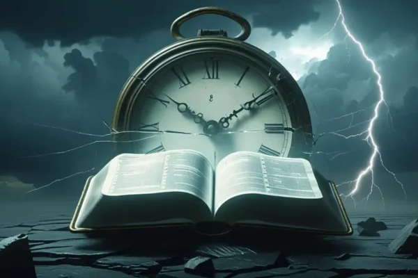 A Bible and broken clock symbolizing urgency and end-time prophecy.”