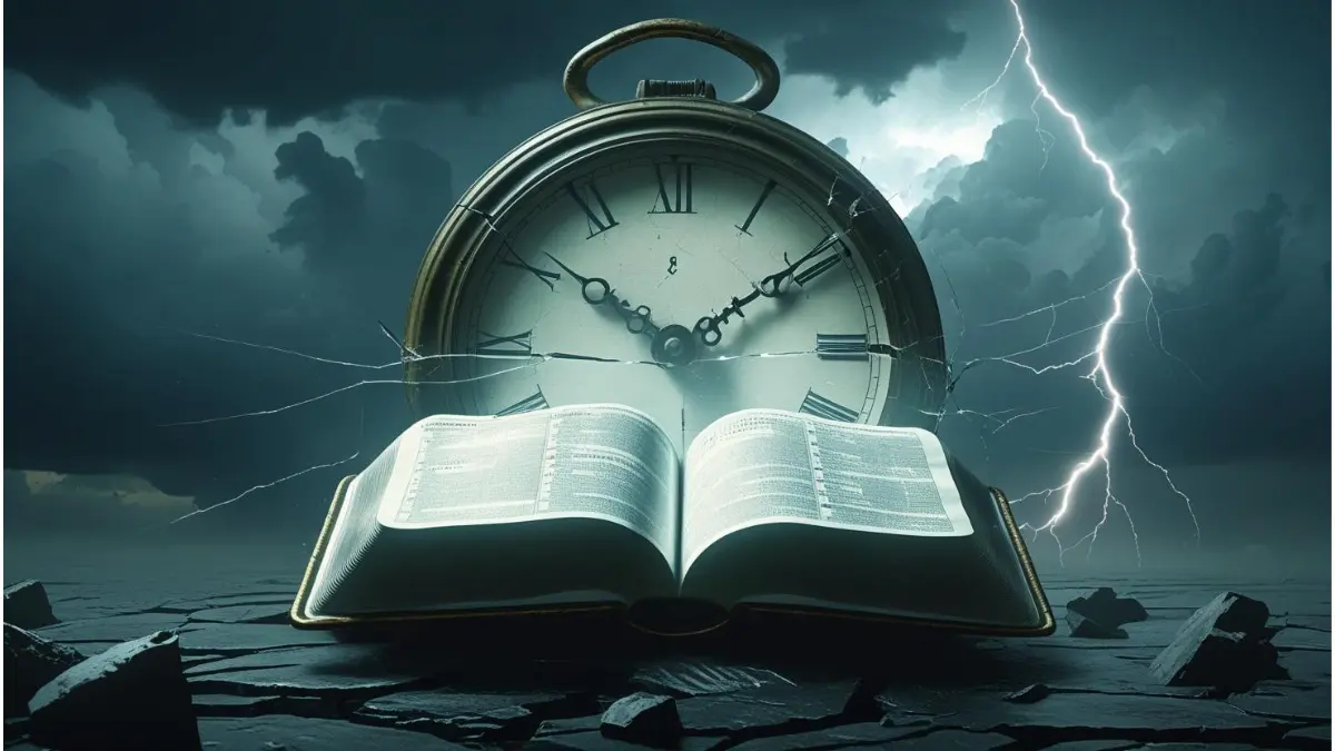 A Bible and broken clock symbolizing urgency and end-time prophecy.”