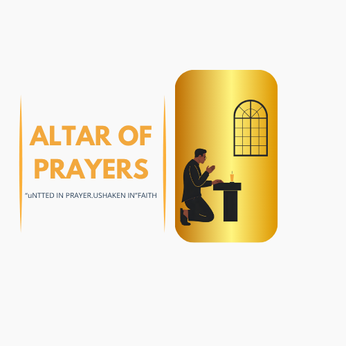 Logo of Altar of Prayers ministry featuring a man praying at an altar, with gold accents and the tagline "United in Prayer, Unshaken in Faith."