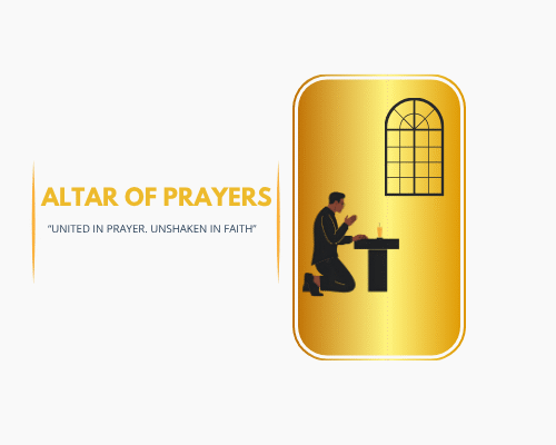 Logo of Altar of Prayers ministry featuring a man praying at an altar, with gold accents and the tagline "United in Prayer, Unshaken in Faith."