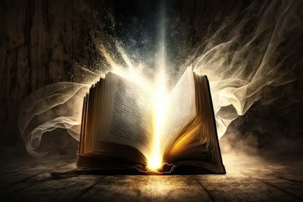 Symbol of the Holy Spirit and gifts shining on Scripture