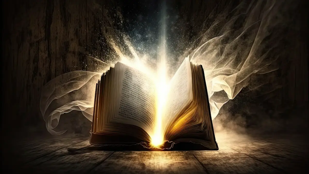 Symbol of the Holy Spirit and gifts shining on Scripture