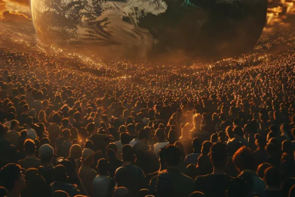Silhouette of world leader speaking to a crowd under stormy sky, representing the rise of the Antichrist.