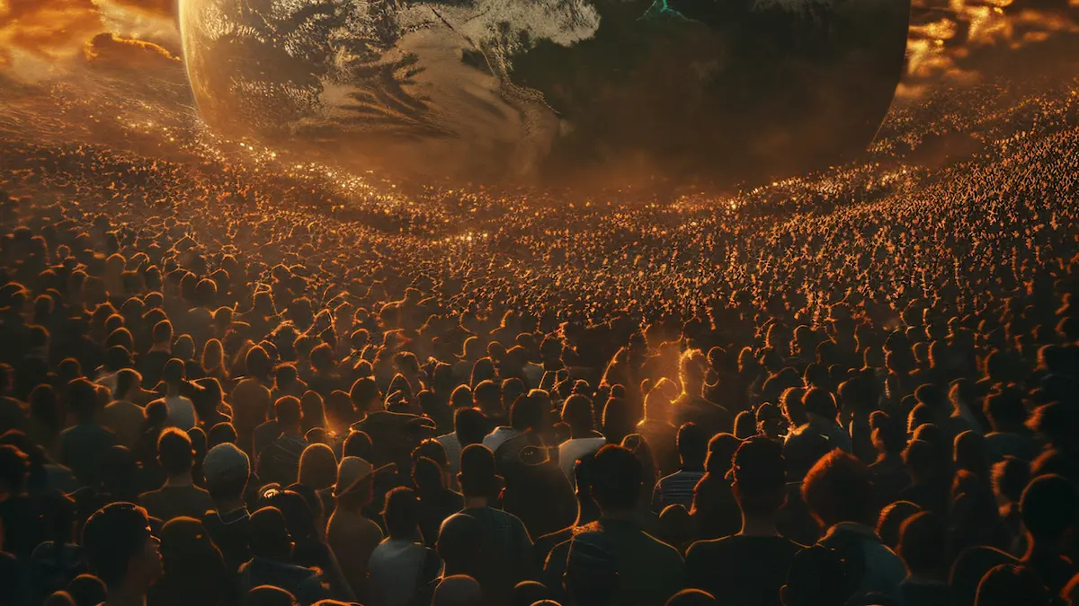 Silhouette of world leader speaking to a crowd under stormy sky, representing the rise of the Antichrist.