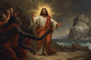 Biblical artwork of Jesus Christ commanding evil spirits with calm authority as a man is freed.