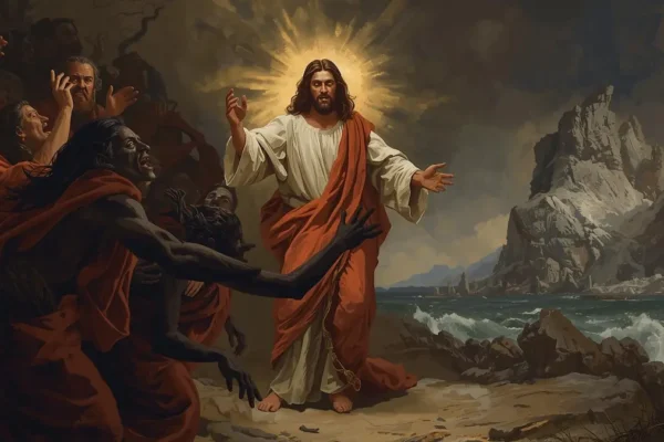 Biblical artwork of Jesus Christ commanding evil spirits with calm authority as a man is freed.