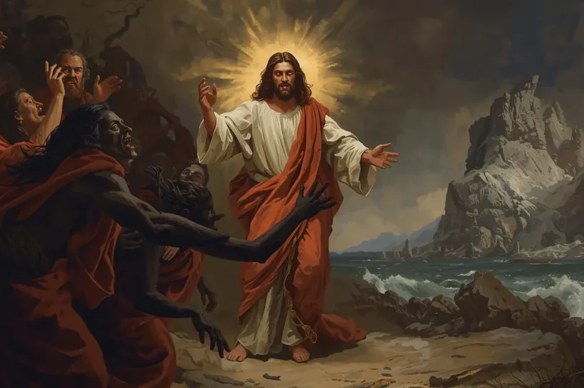 Biblical artwork of Jesus Christ commanding evil spirits with calm authority as a man is freed.