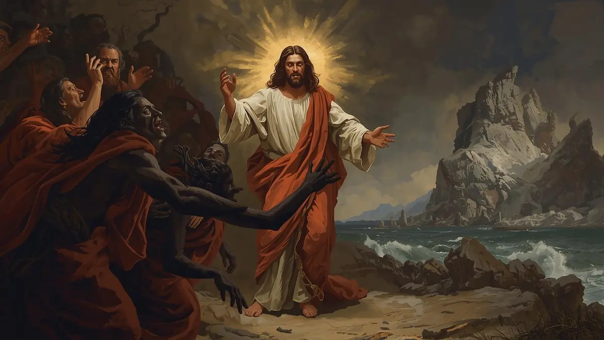 Biblical artwork of Jesus Christ commanding evil spirits with calm authority as a man is freed.
