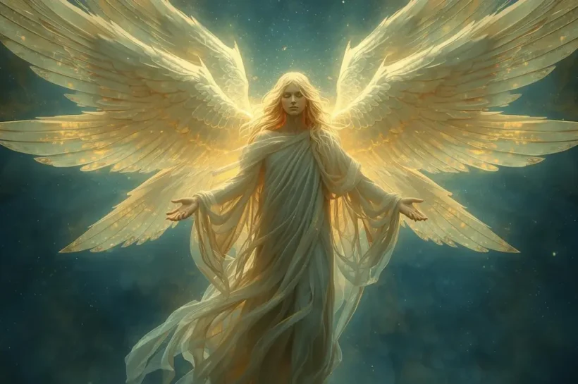A glowing, powerful celestial being with multiple sets of wings, representing a biblical seraphim or cherubim.