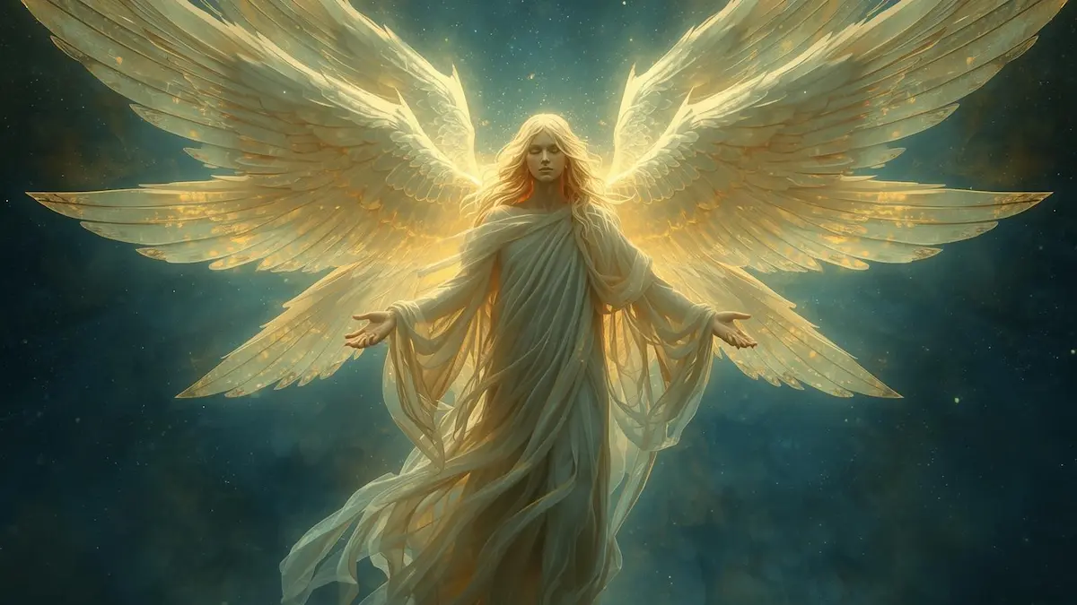 A glowing, powerful celestial being with multiple sets of wings, representing a biblical seraphim or cherubim.