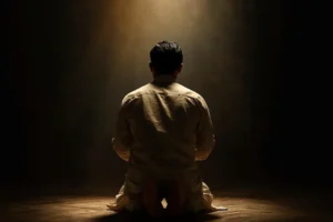 A person praying on their knees in a dark room, illuminated by a soft light, symbolizing peace and protection in spiritual warfare