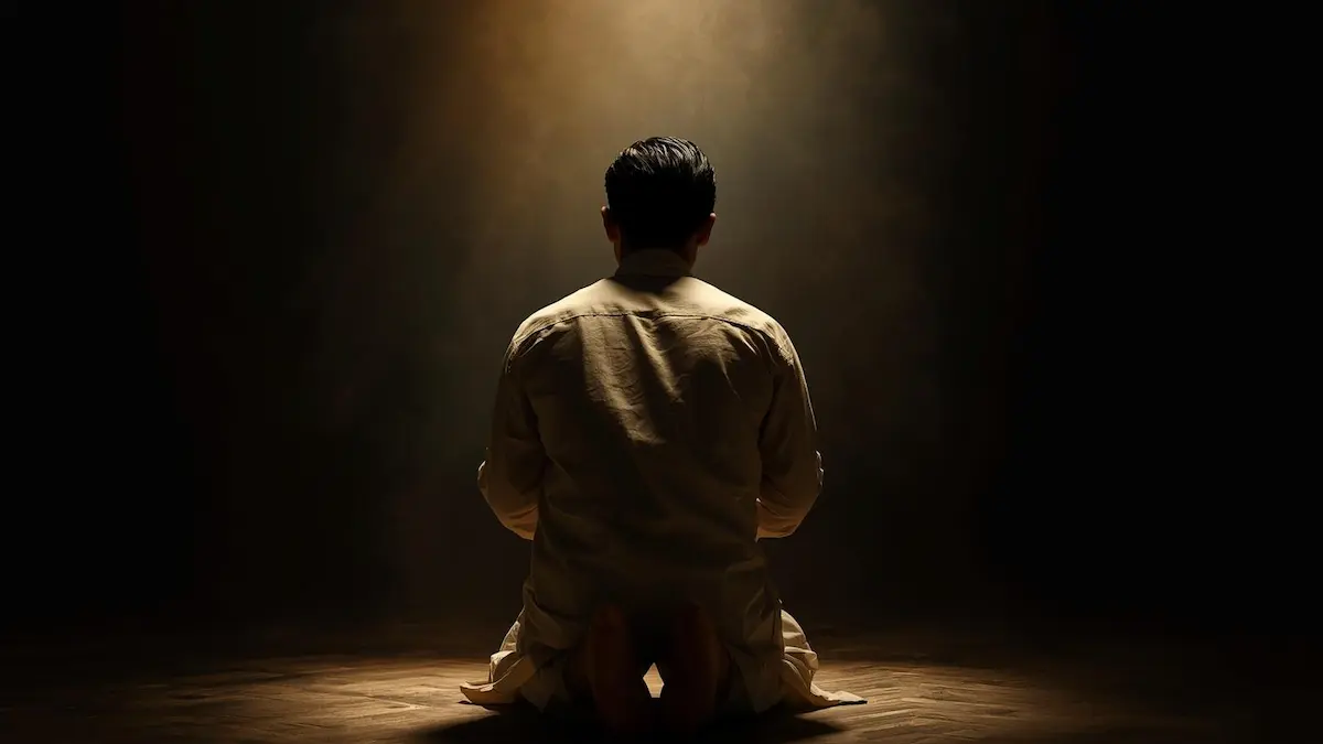 A person praying on their knees in a dark room, illuminated by a soft light, symbolizing peace and protection in spiritual warfare