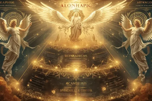 An elegant infographic illustrating the three orders of angels: Seraphim, Cherubim, and Archangels, based on biblical description.