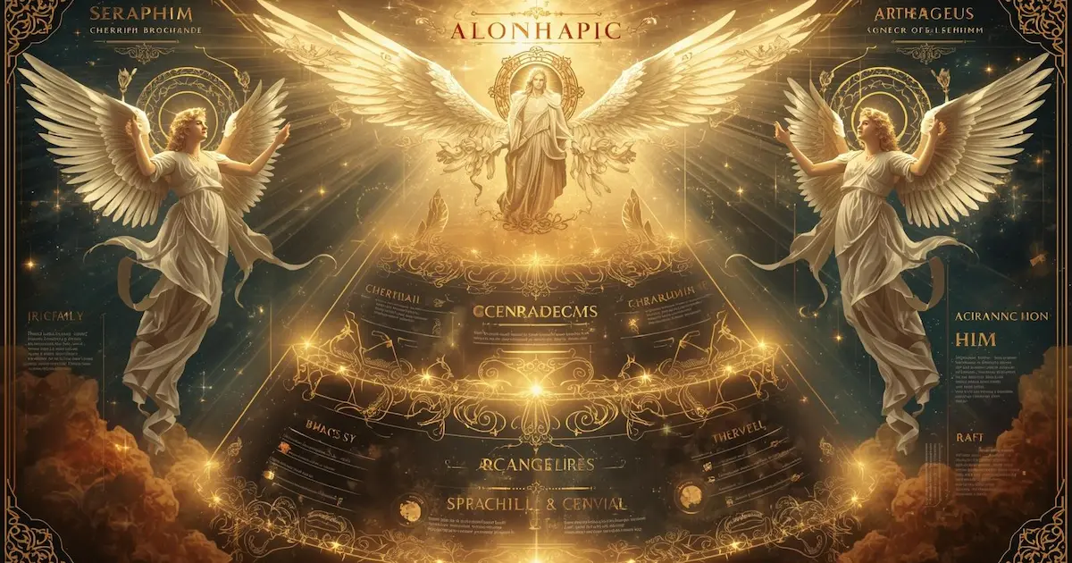 An elegant infographic illustrating the three orders of angels: Seraphim, Cherubim, and Archangels, based on biblical description.