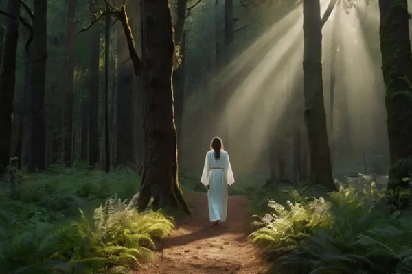 A person walking on a sun-dappled forest path with a soft glow of light beside them, symbolizing guardian angel protection.