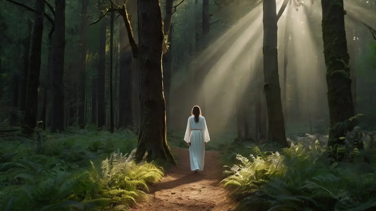 A person walking on a sun-dappled forest path with a soft glow of light beside them, symbolizing guardian angel protection.