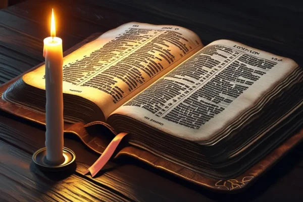 Bible open to the Book of Revelation in candlelight