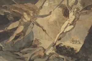 Classical black and white artwork of an angelic figure falling from heaven into darkness, representing the fall of Lucifer.