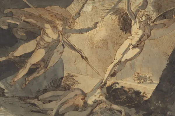 Classical black and white artwork of an angelic figure falling from heaven into darkness, representing the fall of Lucifer.