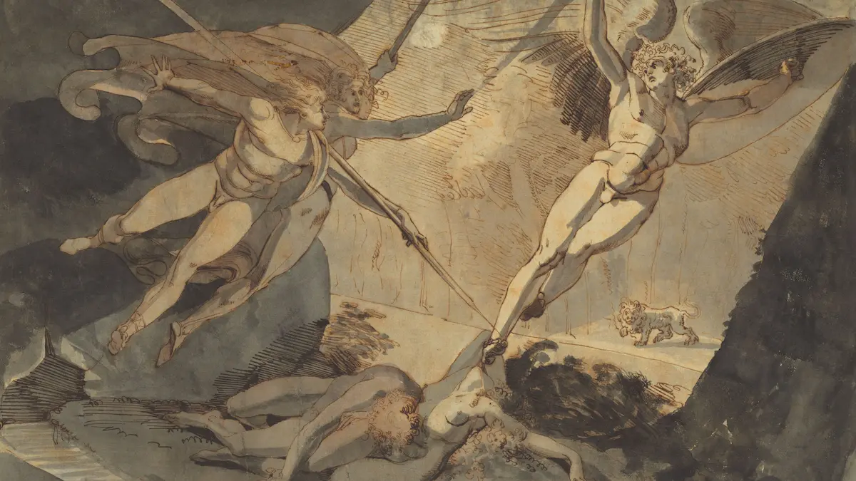 Classical black and white artwork of an angelic figure falling from heaven into darkness, representing the fall of Lucifer.