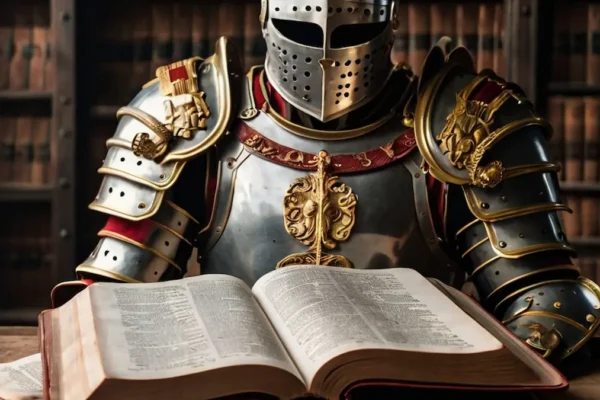 Roman soldier armor next to an open Bible.