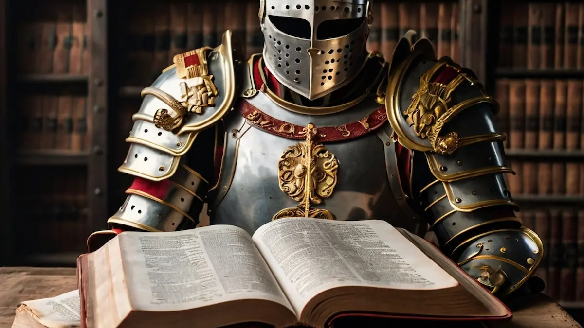 Roman soldier armor next to an open Bible.