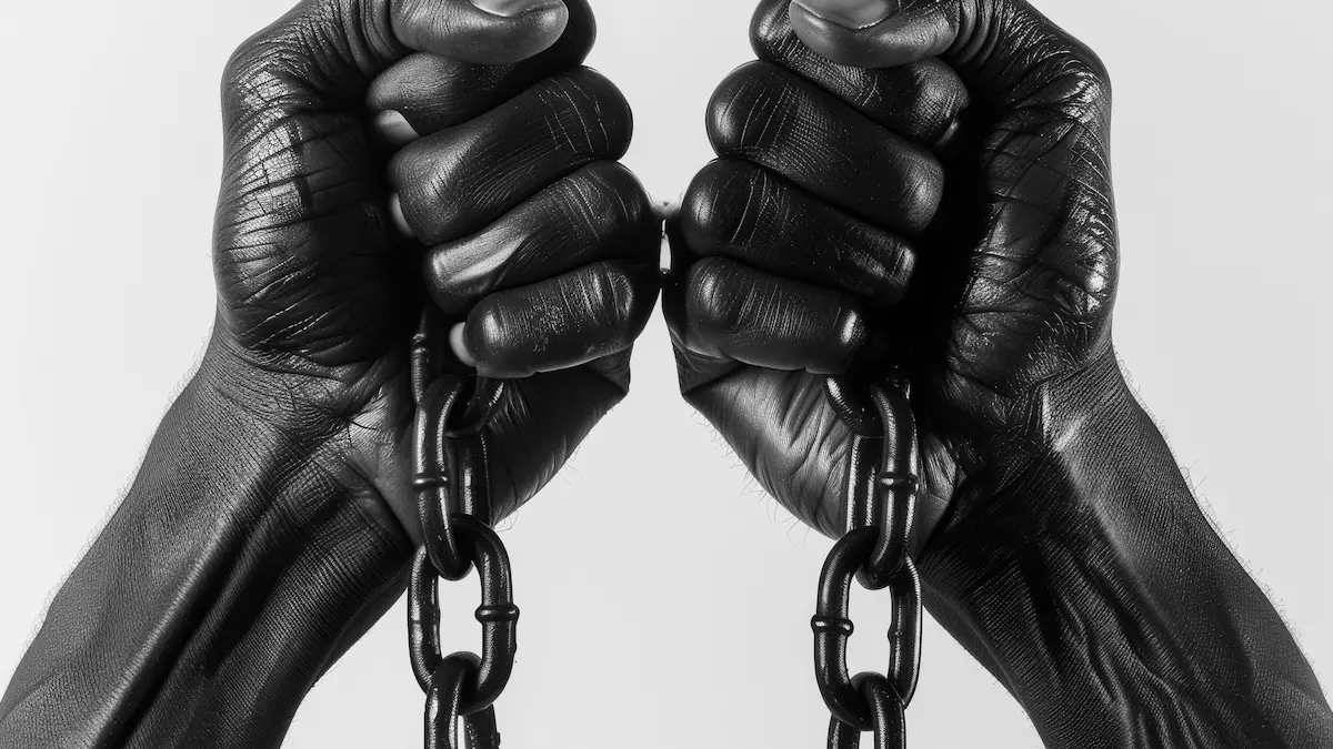 Praying hands with chains breaking in background.