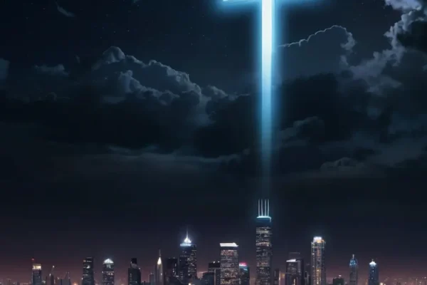 : Glowing cross over city at midnight.