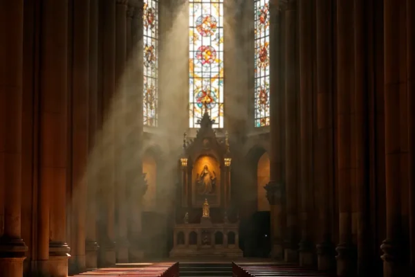 Empty wooden church pews illuminated by soft light from a stained-glass window
