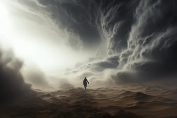 Person facing dark storm clouds with light breaking through.