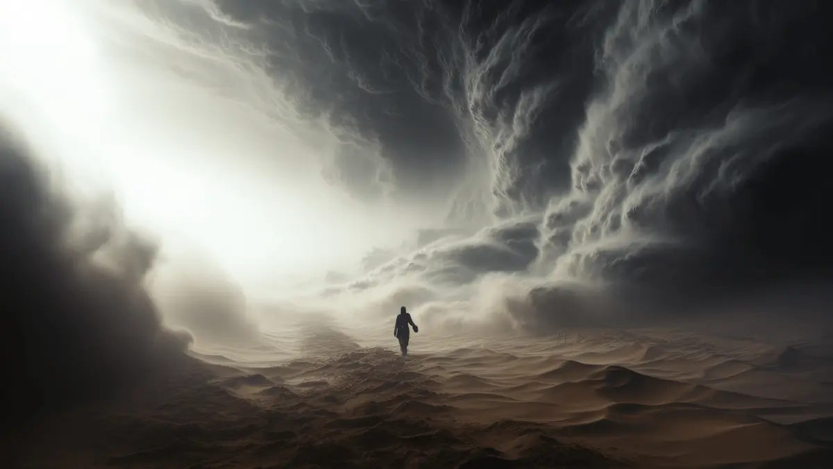 Person facing dark storm clouds with light breaking through.