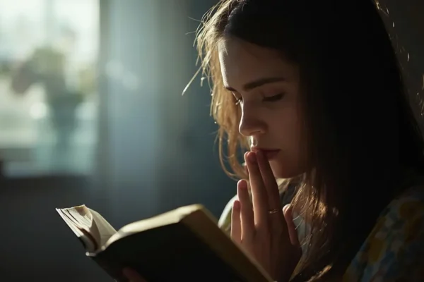 Believer in prayer with hands over heart, sunlight filtering softly.