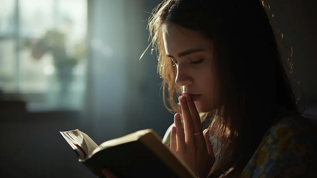 Believer in prayer with hands over heart, sunlight filtering softly.