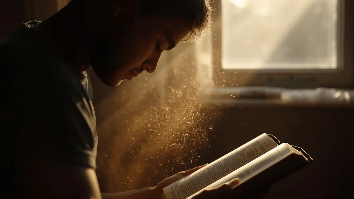 Person reading Bible and praying, light shining on the page.